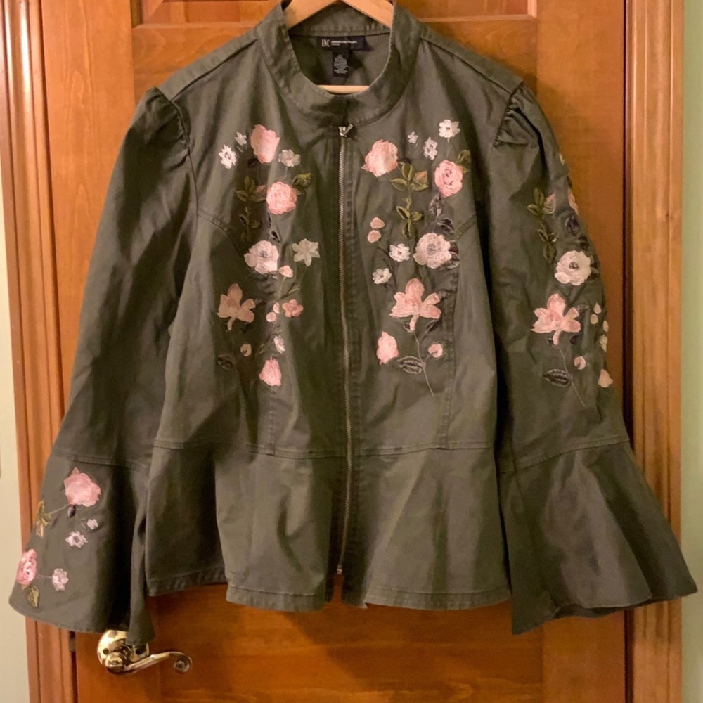 INC International Concepts Peplum Floral Embroidered Olive Green Jacket 3X